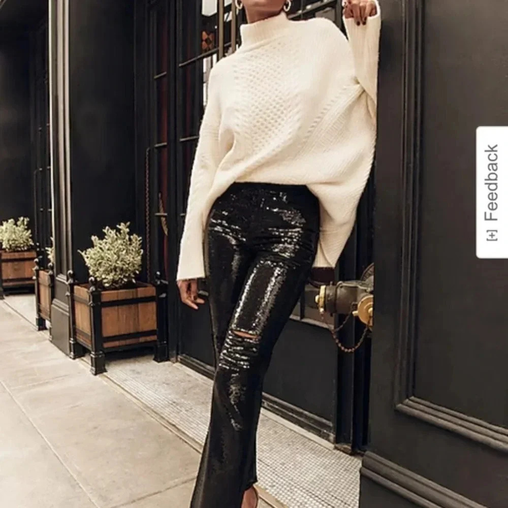 Express
High Waisted Sequin Front Ripped Raw Hem Straight Ankle Jeans